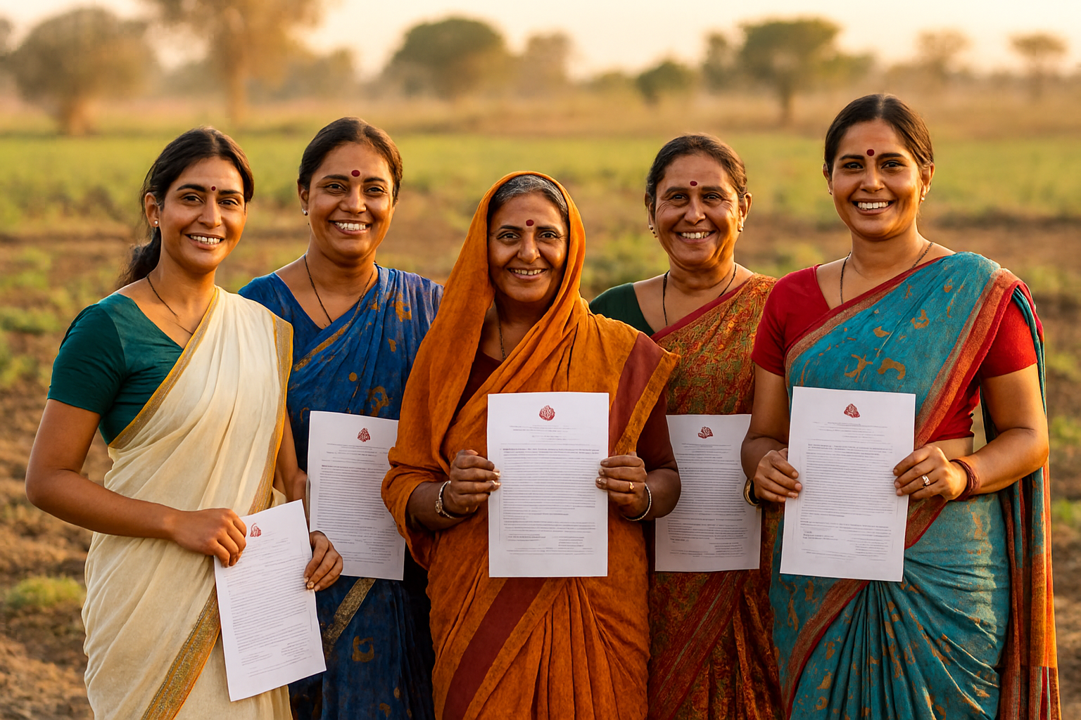 Empowered women standing confidently - representing land ownership and independence through Saarthi Infra Women Empowerment Program